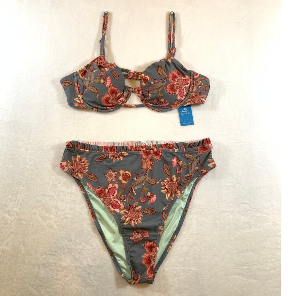 NWT Cupshe Gray‎ Floral Underwire Top  Bikini Set Size XL
